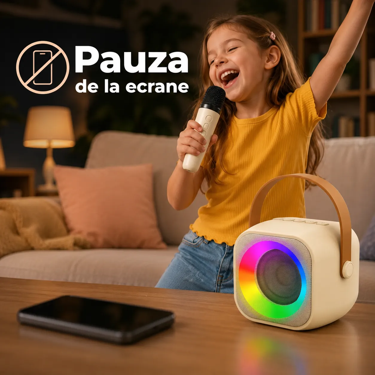 Timebox Set Boxa Bluetooth Karaoke Bej cu 2 Microfoane Wireless
