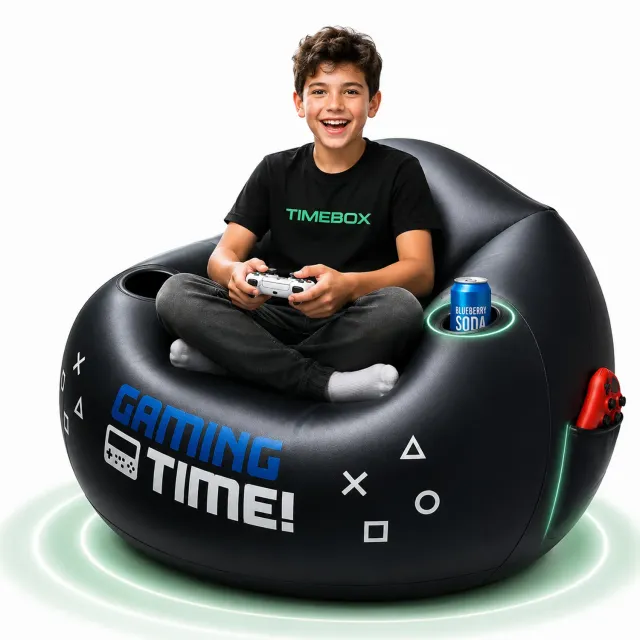 Fotoliu gonflabil gaming Timebox negru cu suport pahar