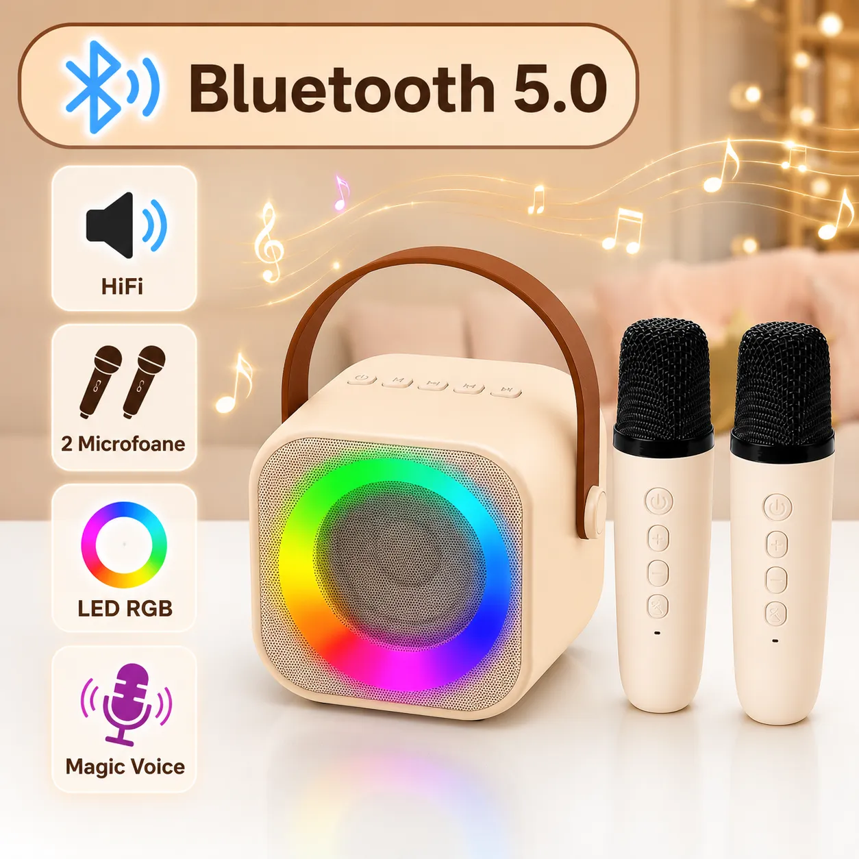 Timebox Set Boxa Bluetooth Karaoke Bej cu 2 Microfoane Wireless