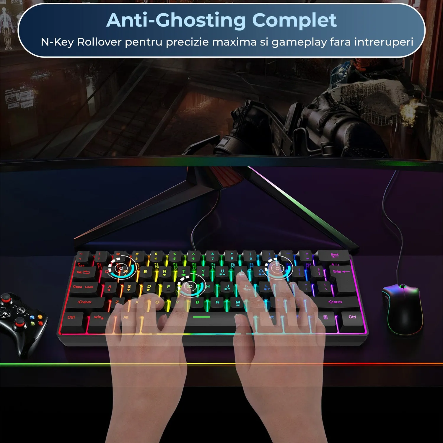 Timebox 61 taste tastatura gaming neagra RGB 60%