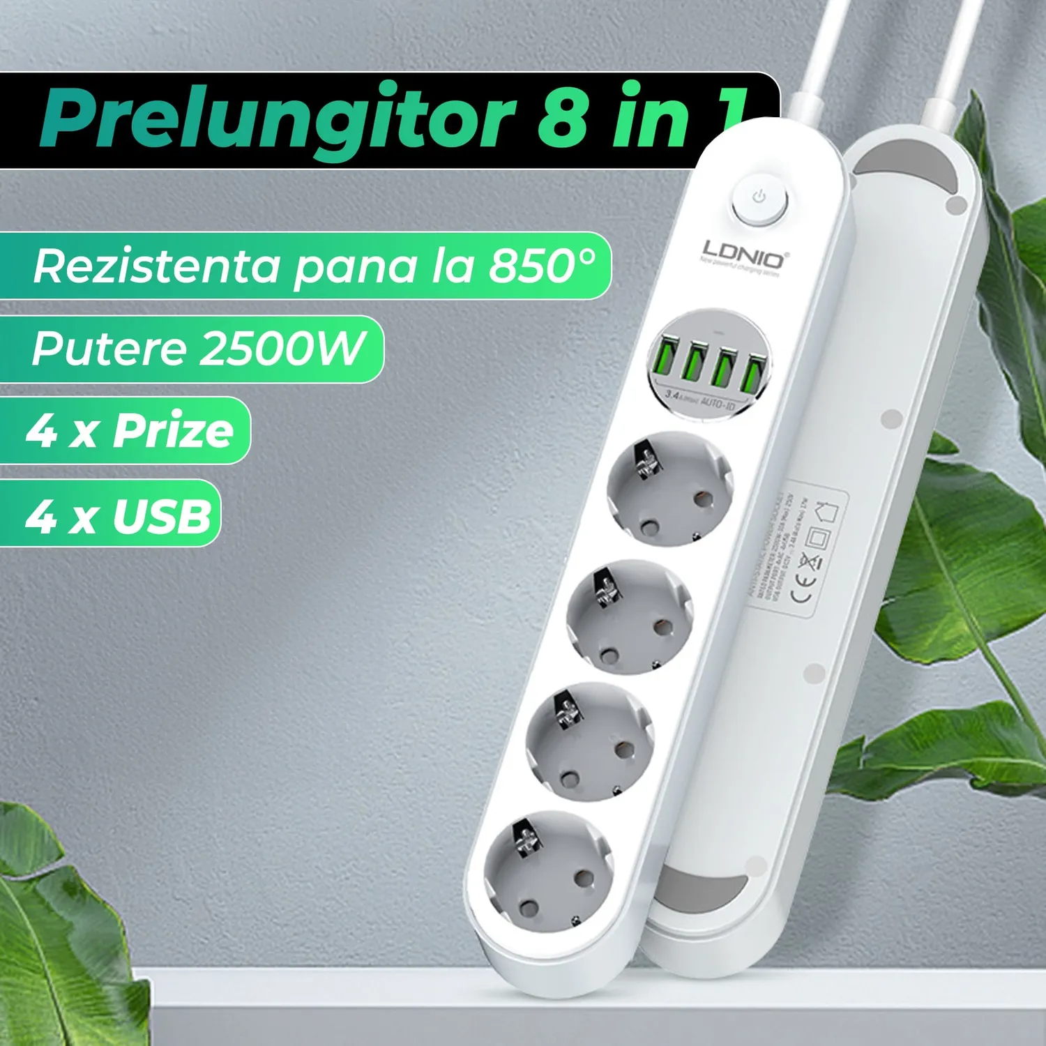 Timebox prelungitor 4 prize 4xUSB 2500W alb 2m