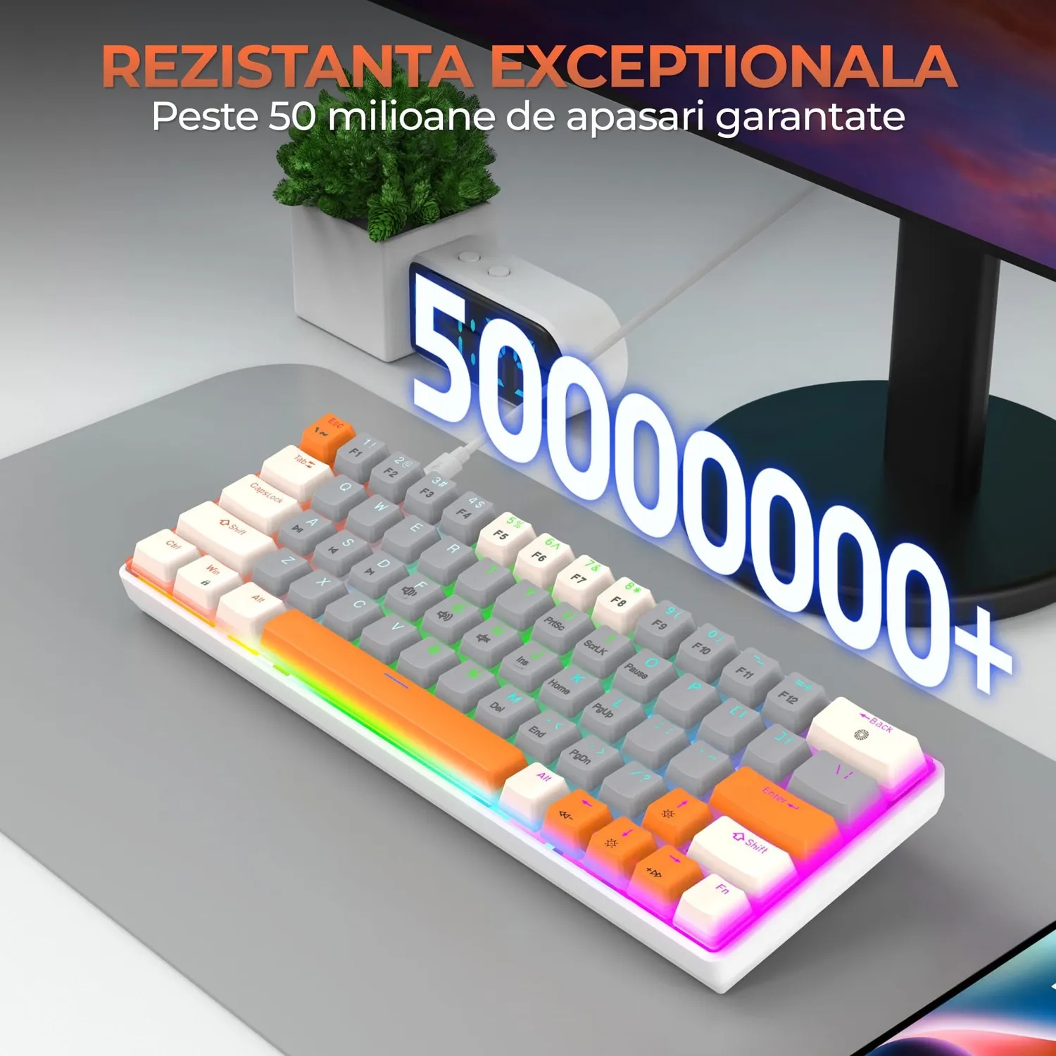 Tastatura gaming Timebox 60% Red Switch gri portocaliu