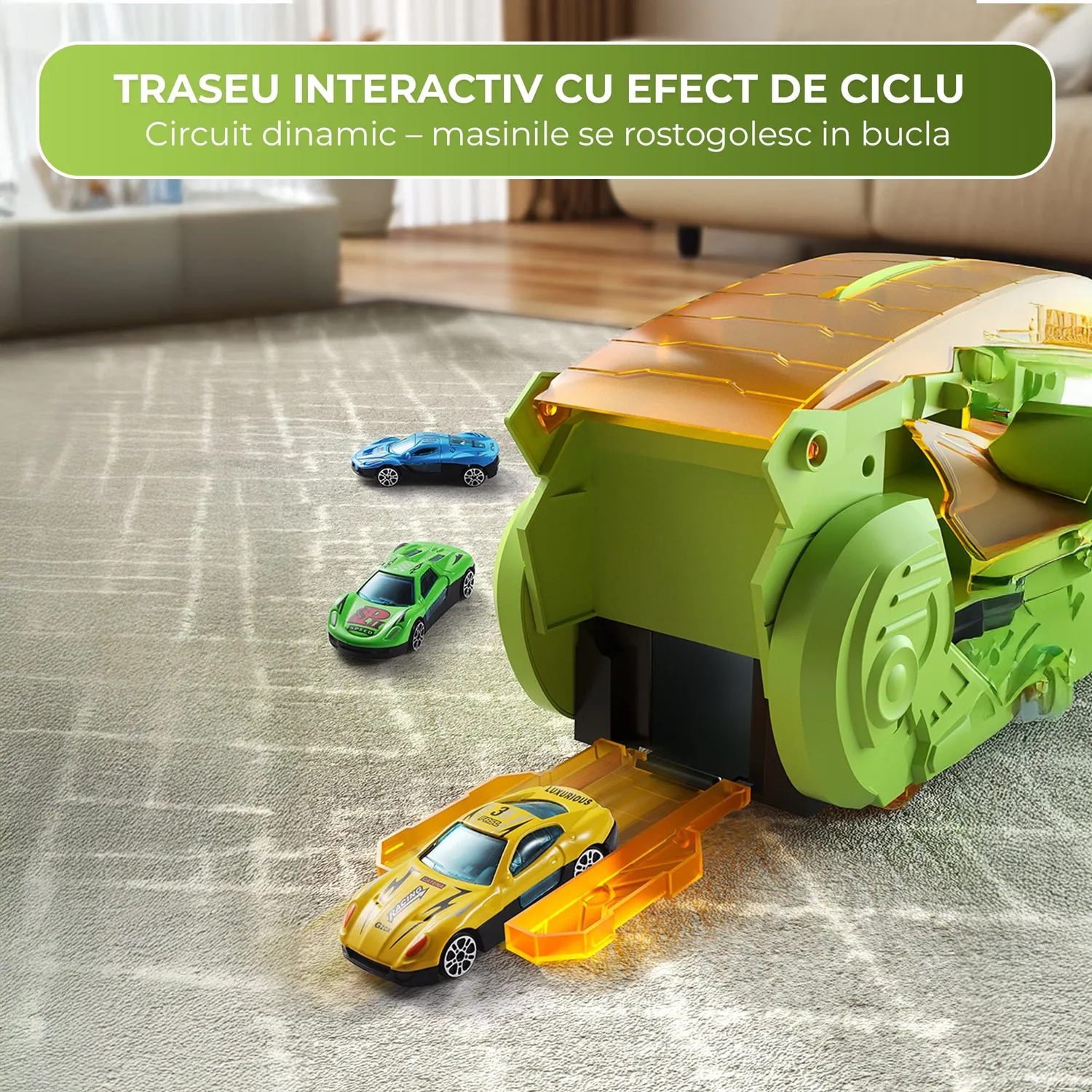 Timebox Dinozaur Transformabil 3 in 1 Verde cu 2 masinute