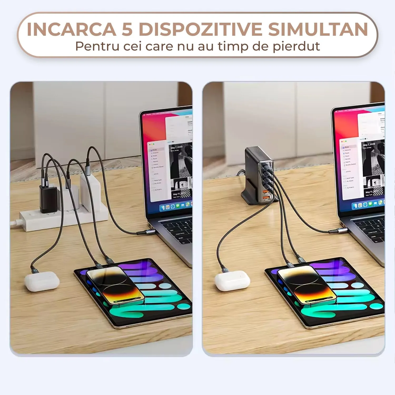 Timebox încărcător rețea 6 porturi 80W auriu 4x Type-C
