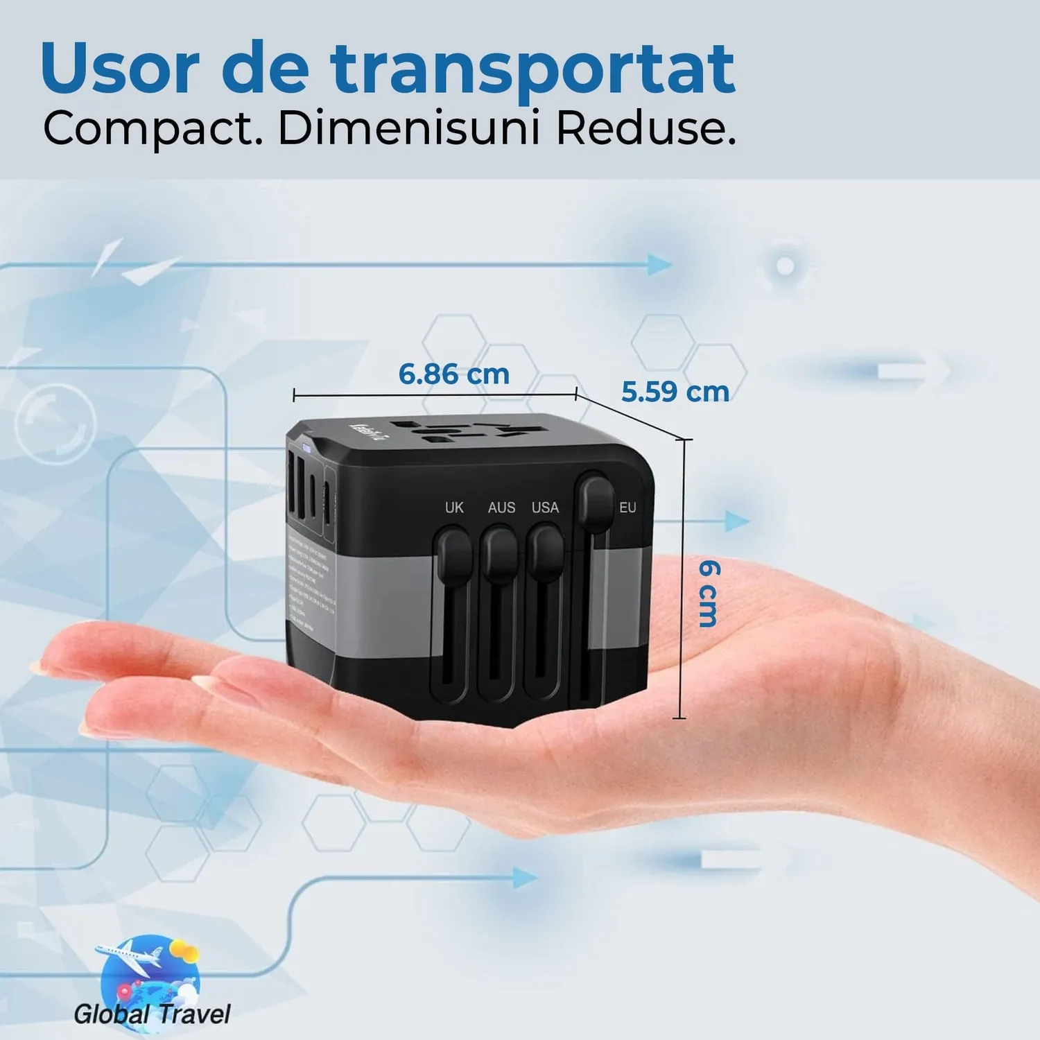 Timebox Adaptor Priza Calatorie 2xUSB 2xType-C Negru