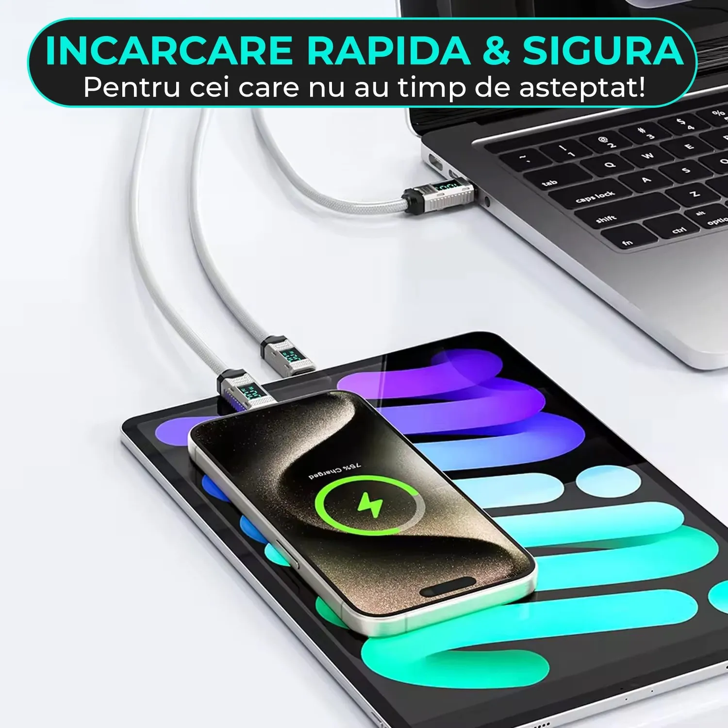 Timebox cablu USB-C la Type-C 100W 2m alb display