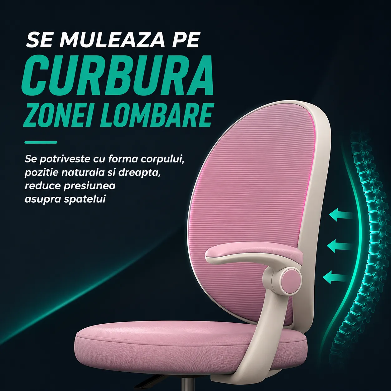 Timebox scaun birou copii roz ergonomic reglabil