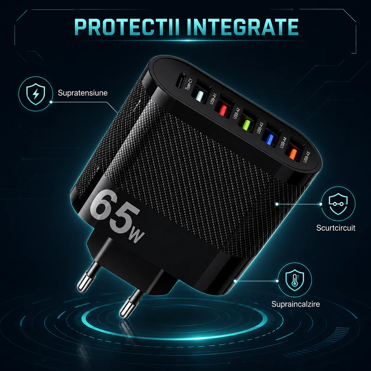 Încărcător rețea Timebox 65W 6 porturi Type-C USB negru rapid