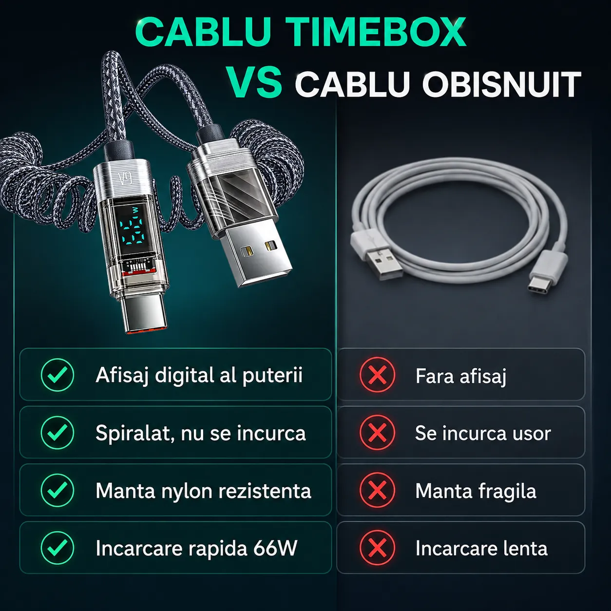 Timebox Cablu USB-Type-C 66W 1,8m Gri Display