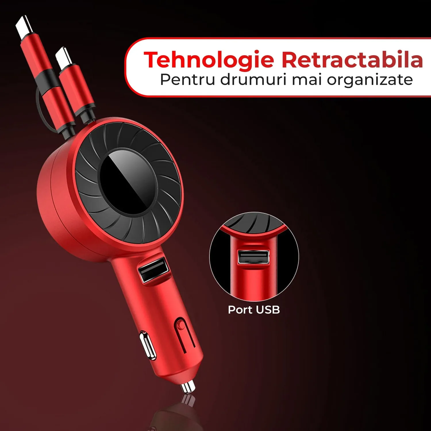 Timebox incarcator auto 3 in 1 rosu Super Fast Charge