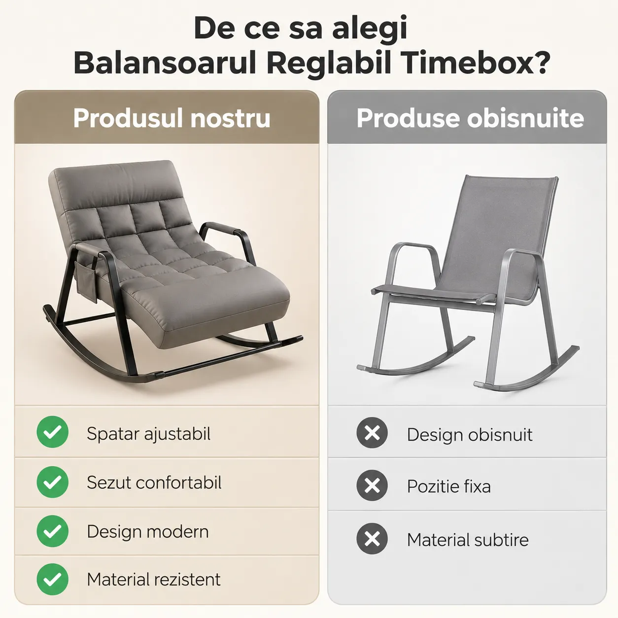 Timebox Balansoar scaun reglabil gri cu suport picioare
