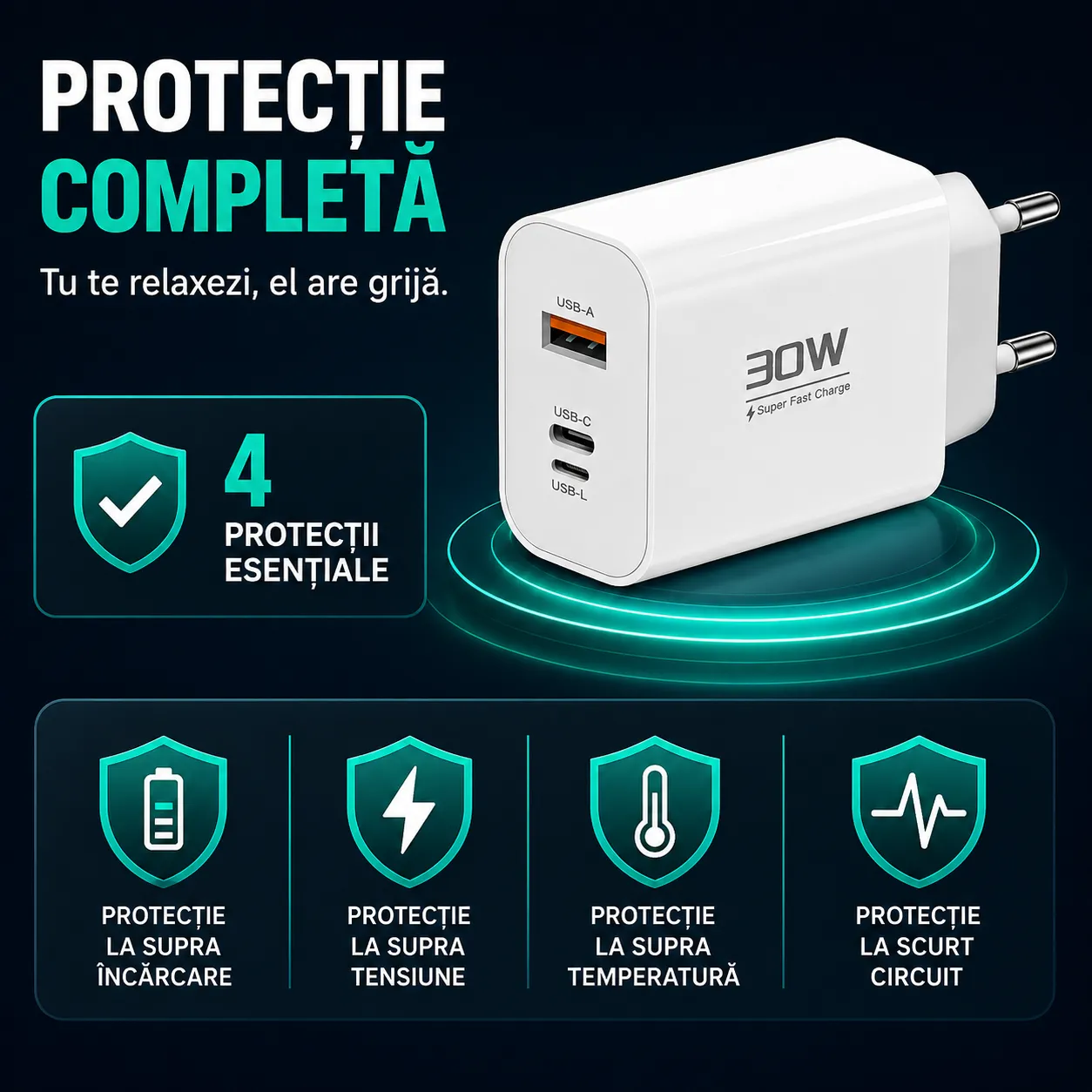 Timebox incarcator retea 30W 3 porturi alb Type-C USB