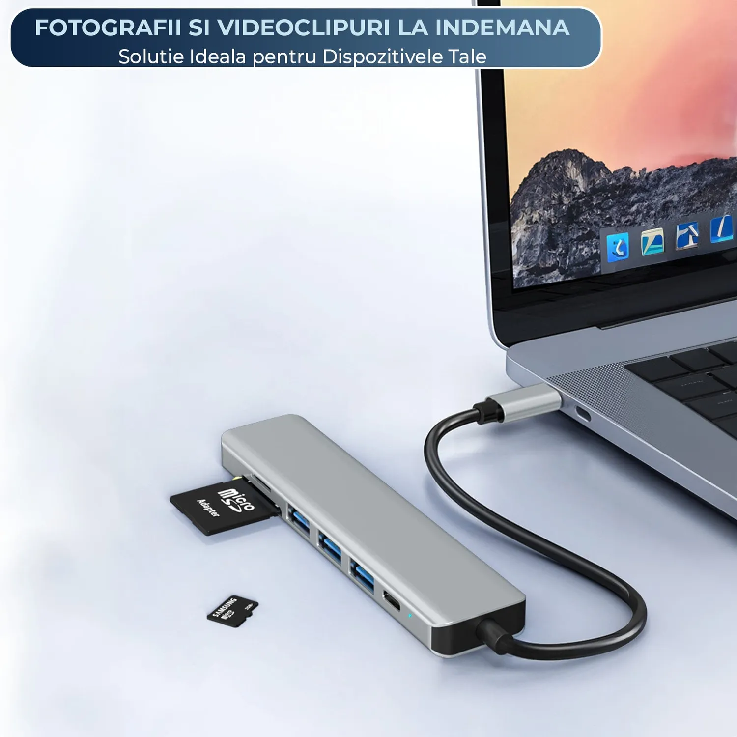 Timebox Hub USB 7 în 1 Type-C argintiu cu HDMI 4K