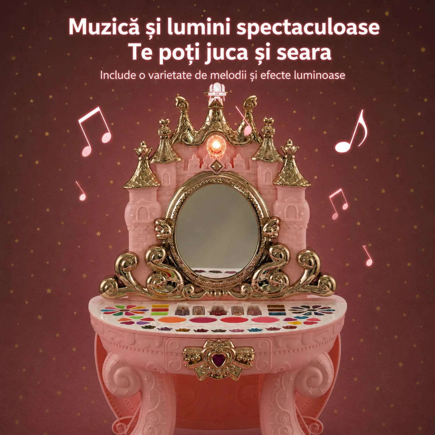 Timebox Castel Muzical XXL masuță machiaj roz cu cosmetice