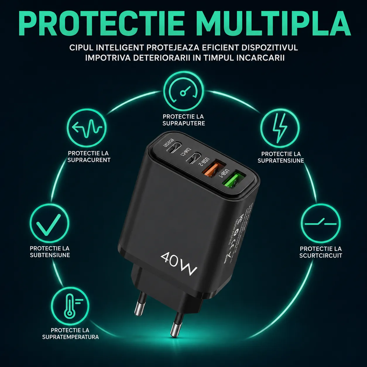 Timebox încărcător rețea 40W 4 porturi negru