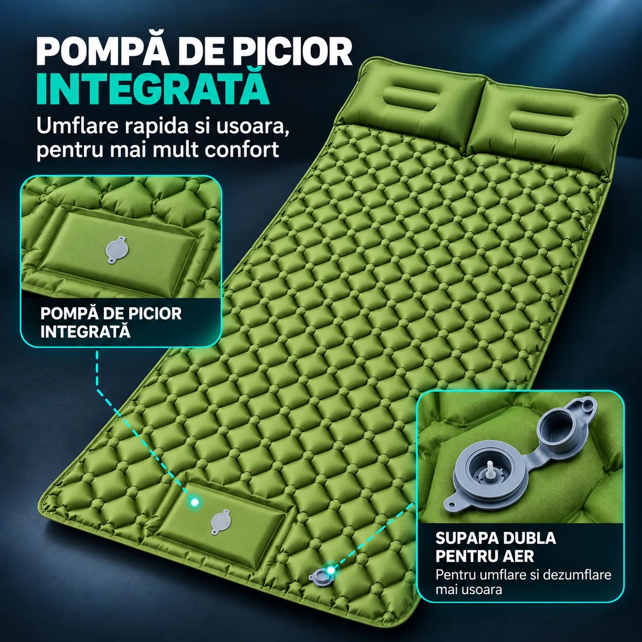 Saltea gonflabilă camping Timebox verde 190x120 cu pompă
