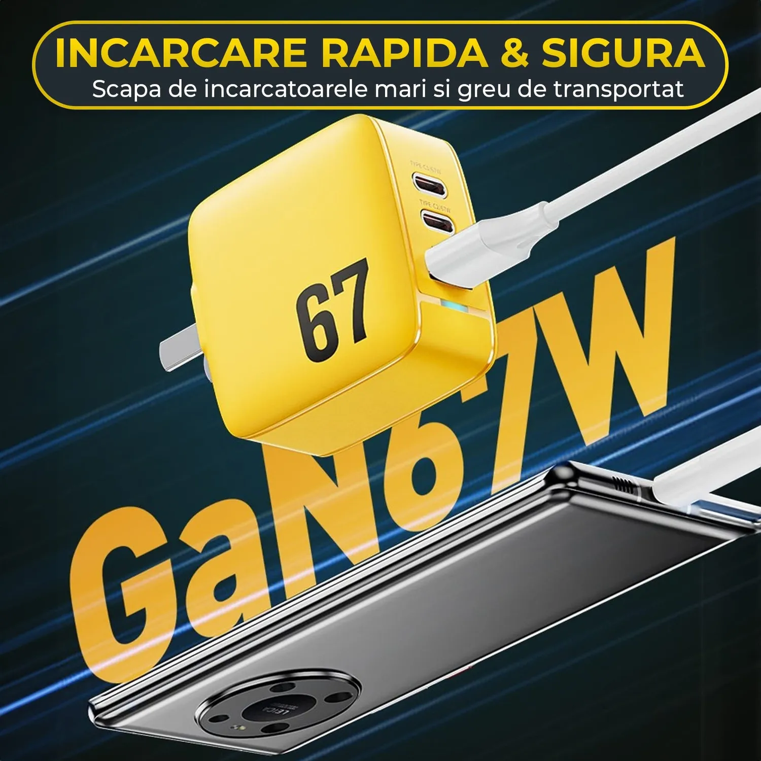 Încărcător rețea Timebox 67W 3 porturi galben LED