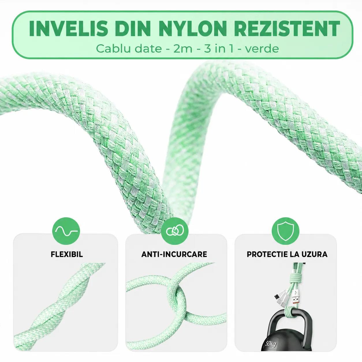 Timebox 3 in 1 cablu incarcare rapida 66W 2m verde QC3.0