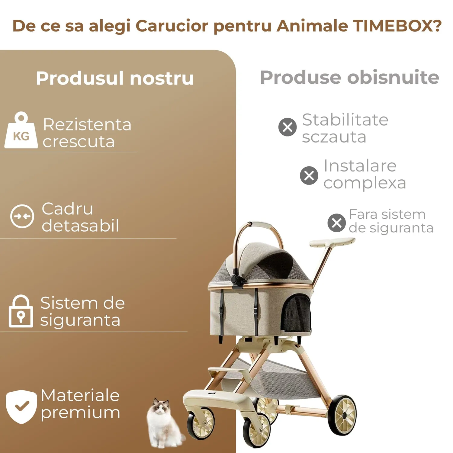 Timebox cărucior animale aluminiu pliabil maro cu coș detașabil