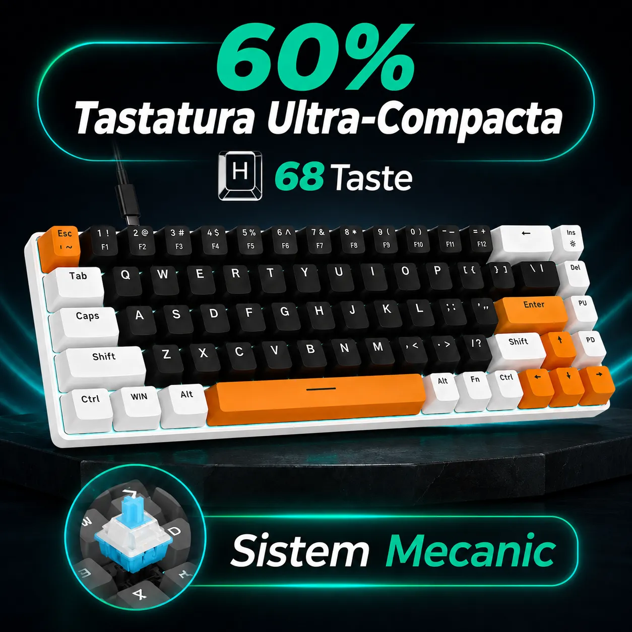 Timebox Tastatura mecanica gaming 60% Blue Switch portocalie