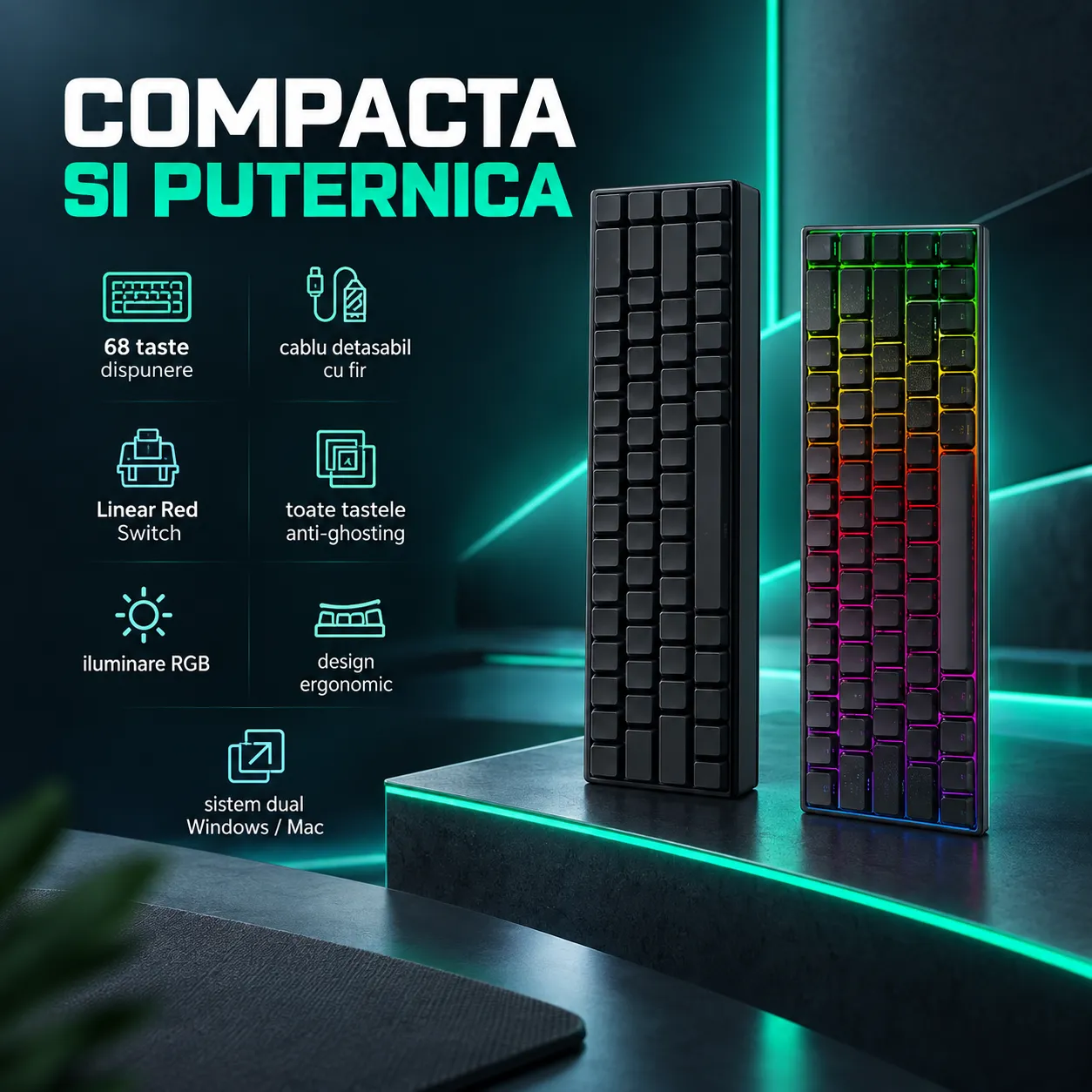 Timebox 68 taste tastatura mecanica gaming negru switch Red