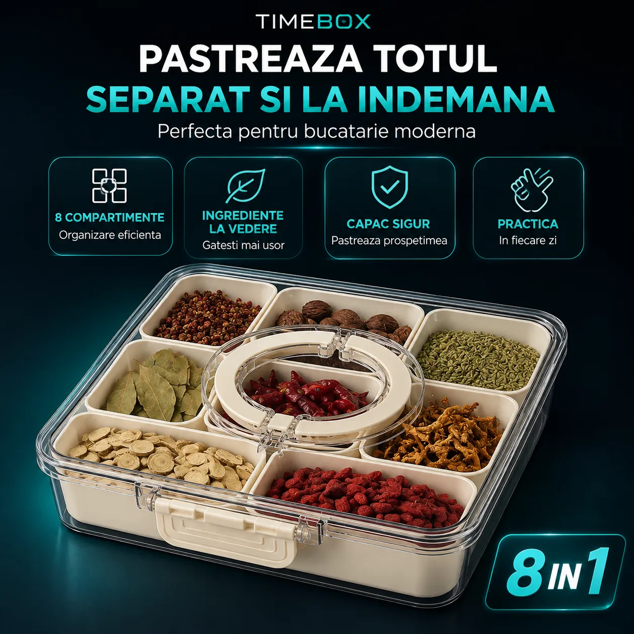Timebox cutie pranz 8 compartimente bej 800-1000ml etansa