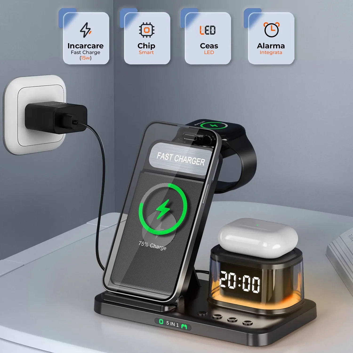 Timebox 5 in 1 15W incarcator wireless ceas negru