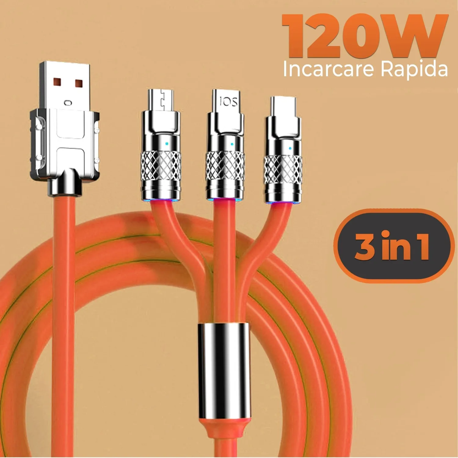 Timebox Cablu 3 in 1 120W 1,2m USB-C Lightning portocaliu
