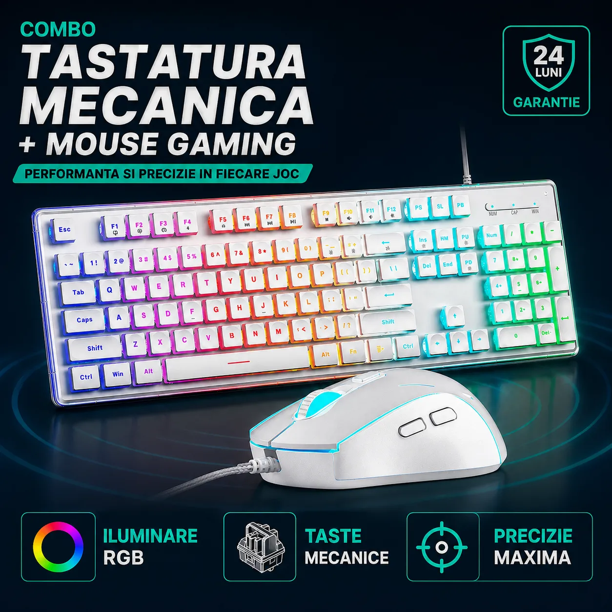 Timebox Kit tastatura mouse gaming RGB alb 104 taste