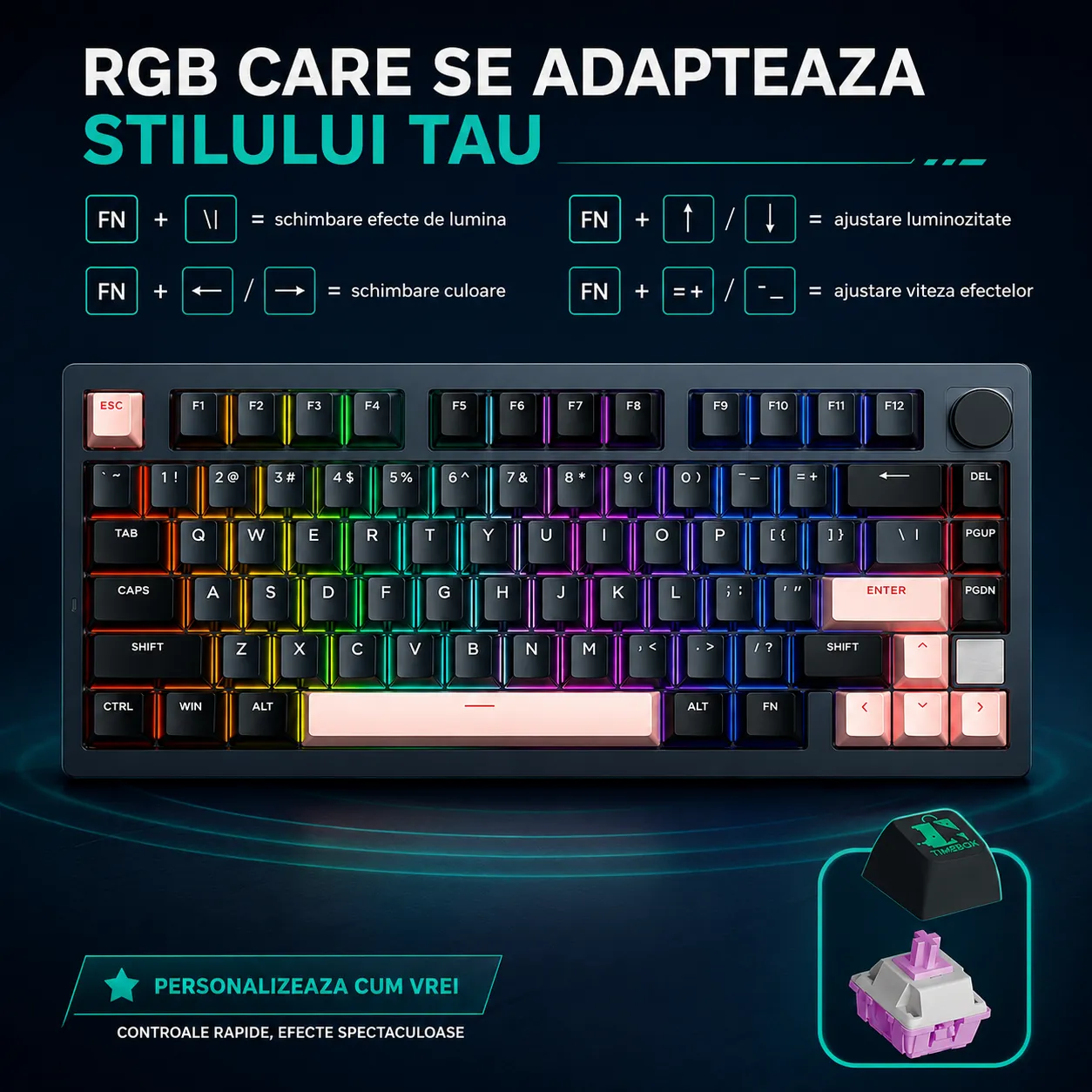 Timebox 75% tastatura mecanica wireless neagra Hot-Swap