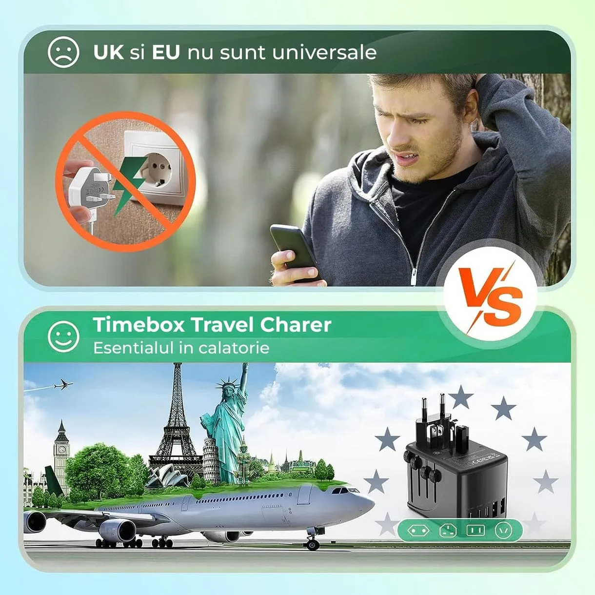 Timebox pachet travel adaptor universal + cablu 66W