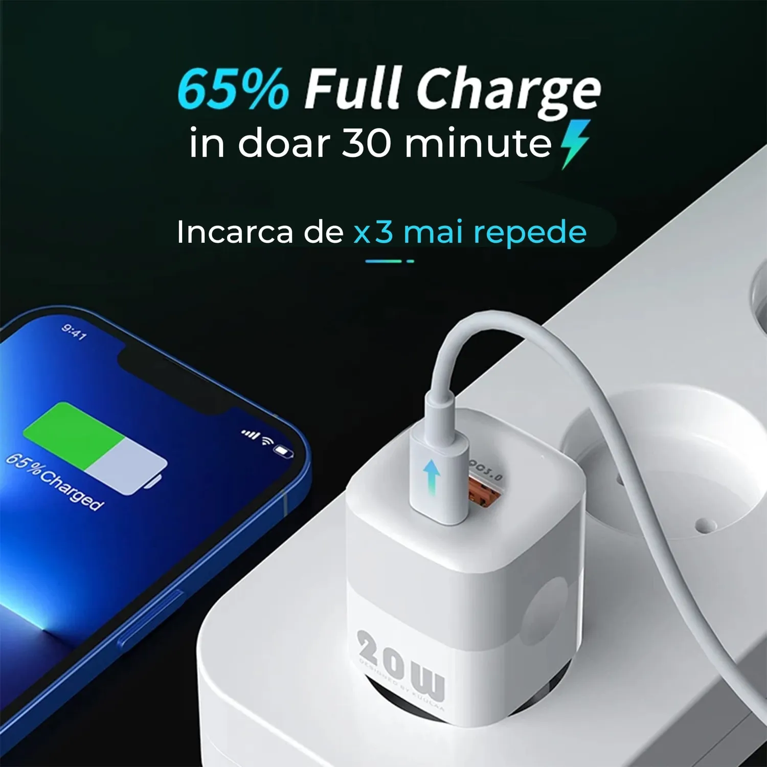 Timebox Încărcător rețea 20W 2 porturi alb fast charge