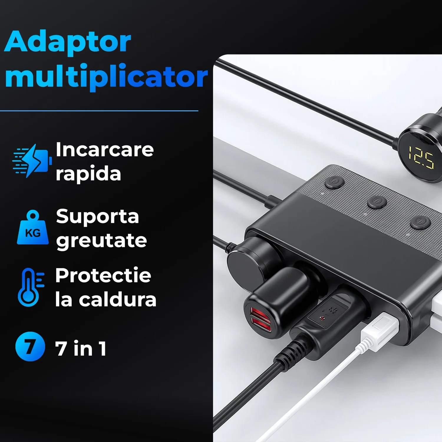 Timebox Adaptor Priza Auto 7 in 1 128W Negru