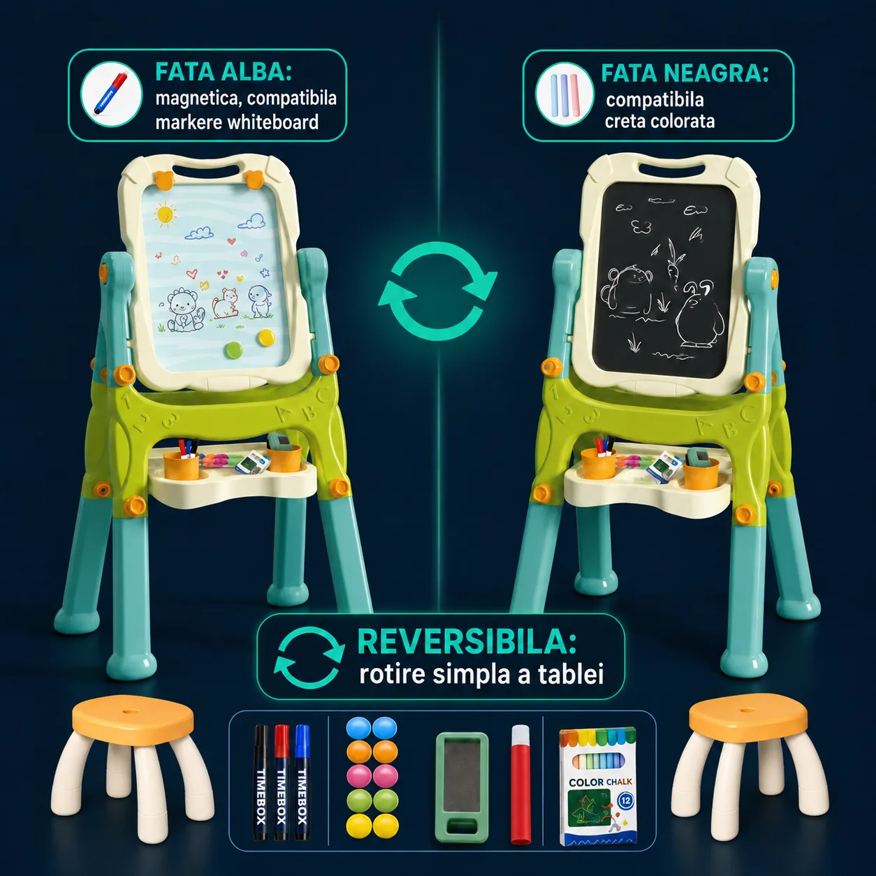 Timebox Tabla Magnetica Copii 3 in 1 Verde cu Scaunel