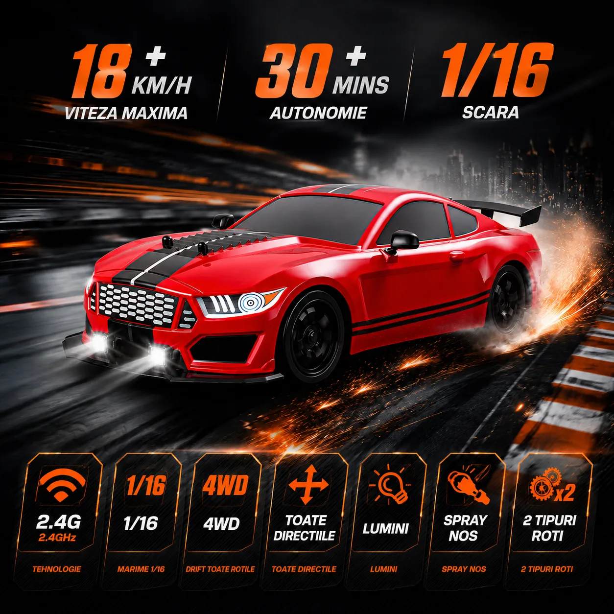 Masina Timebox Drift RC 1:16 masinuta 20km/h negru LED