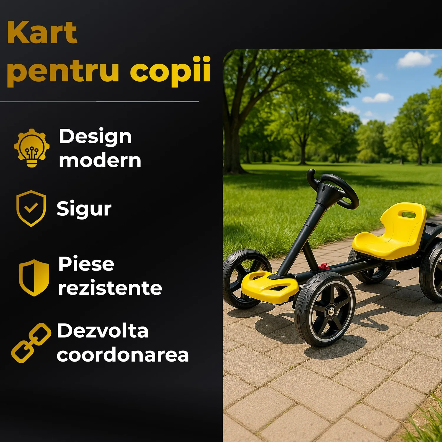 Timebox kart electric copii galben pliabil 4 roți