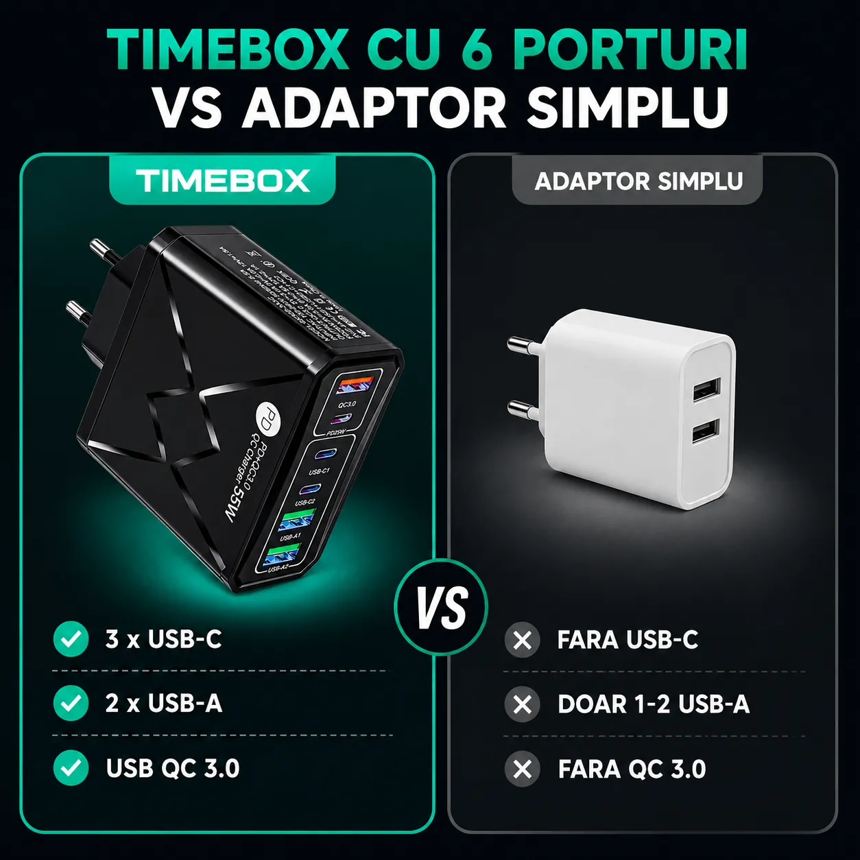 Incarcator retea Timebox 55W 6 porturi negru