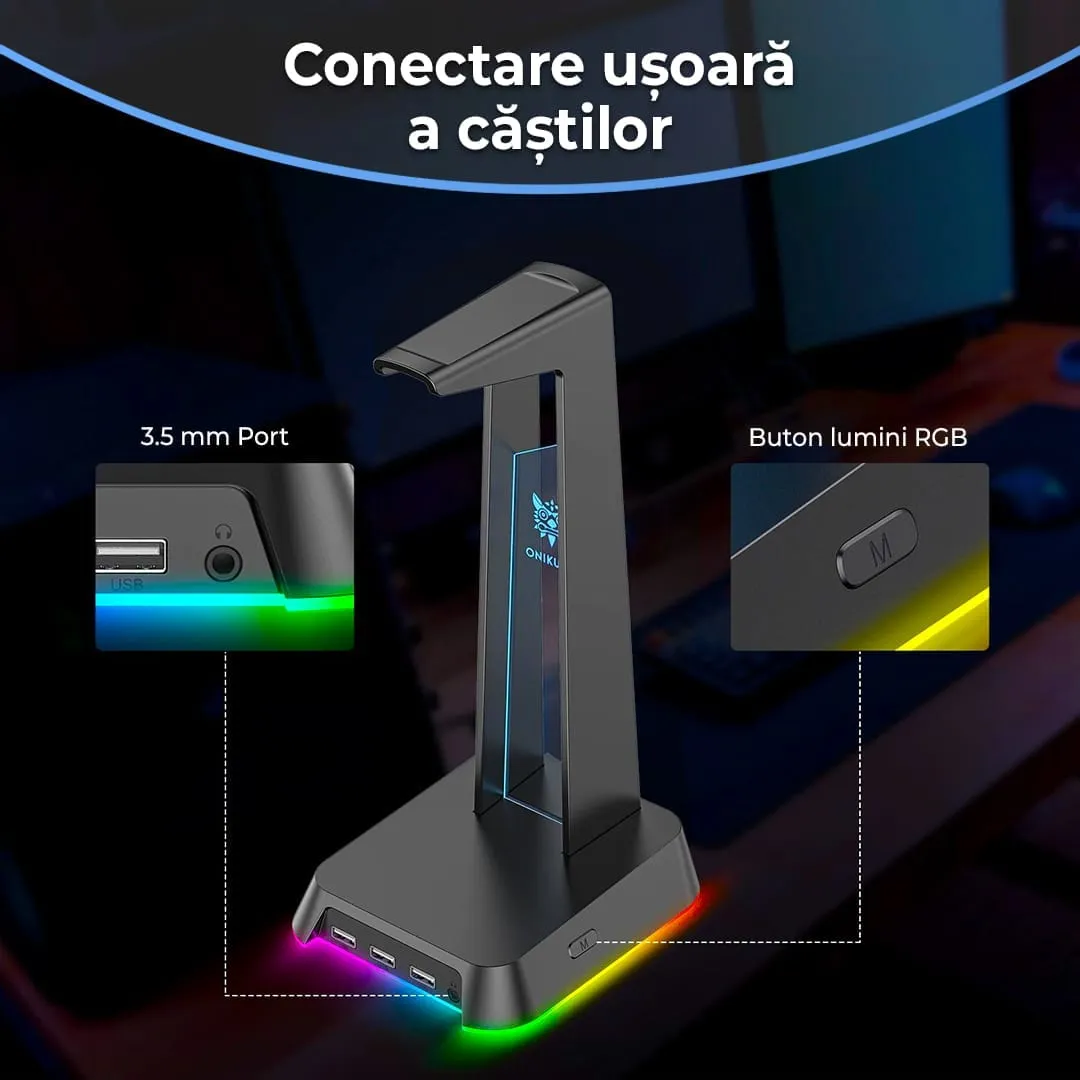 Timebox suport casti gaming RGB Negru 3x USB Jack 3.5mm