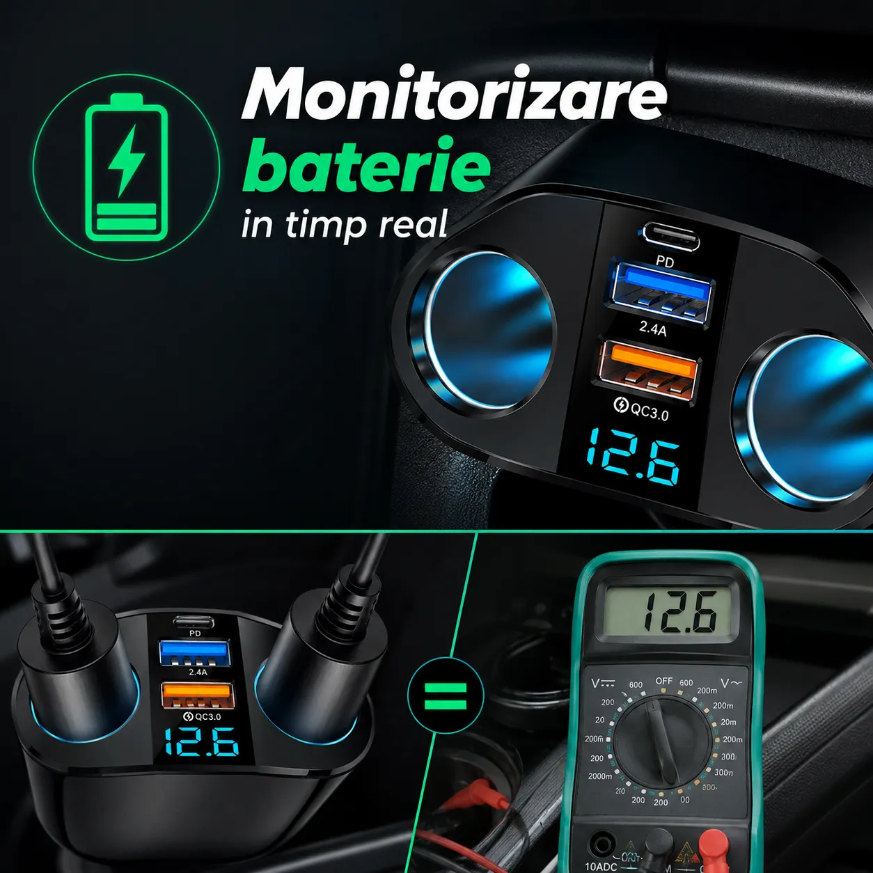 Adaptor auto Timebox 120W cu 2 prize și USB negru