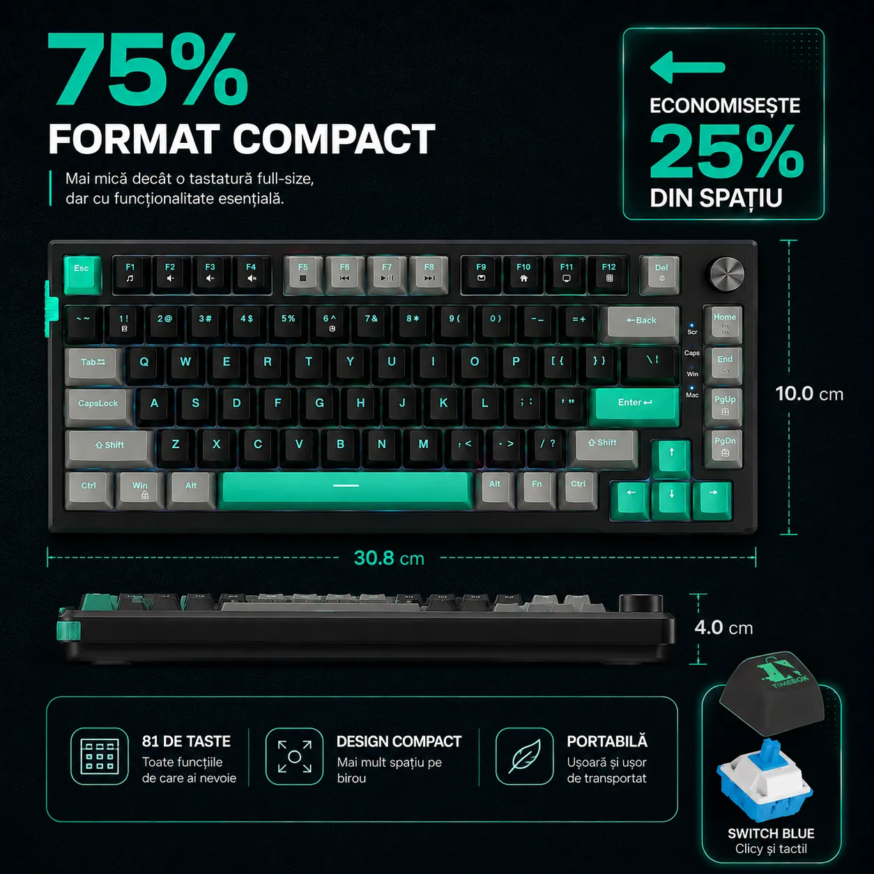 Timebox 75% tastatura mecanica Blue Switch Hot-Swap negru