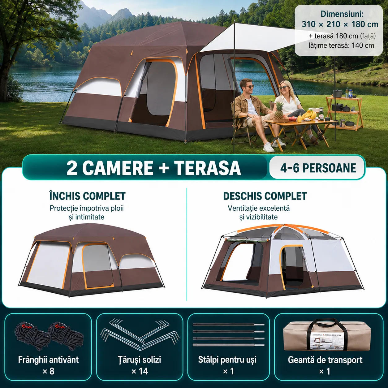 Timebox cort camping 4-6 persoane maro 2 camere terasa