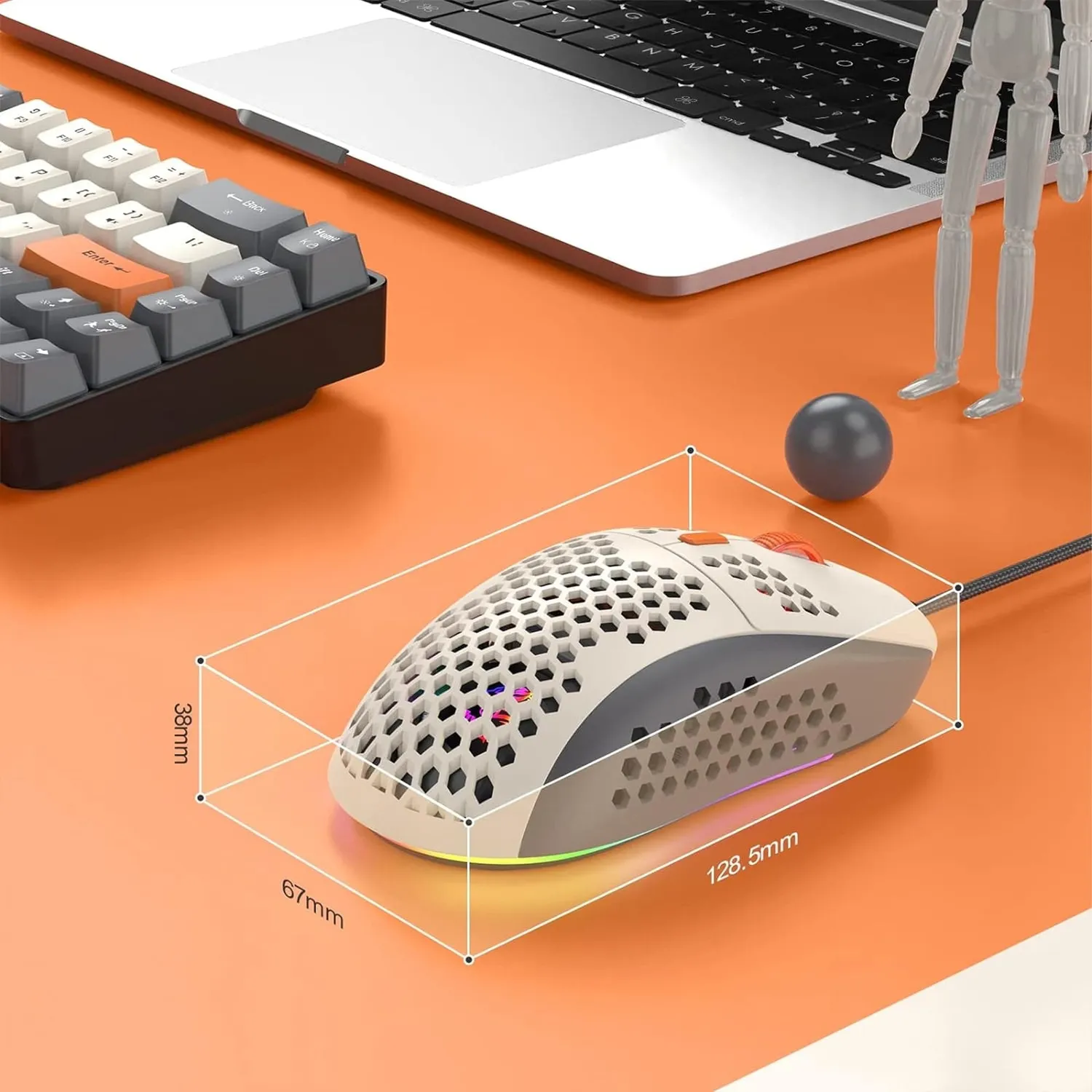 Timebox mouse gaming USB 6400 DPI RGB alb portocaliu usor