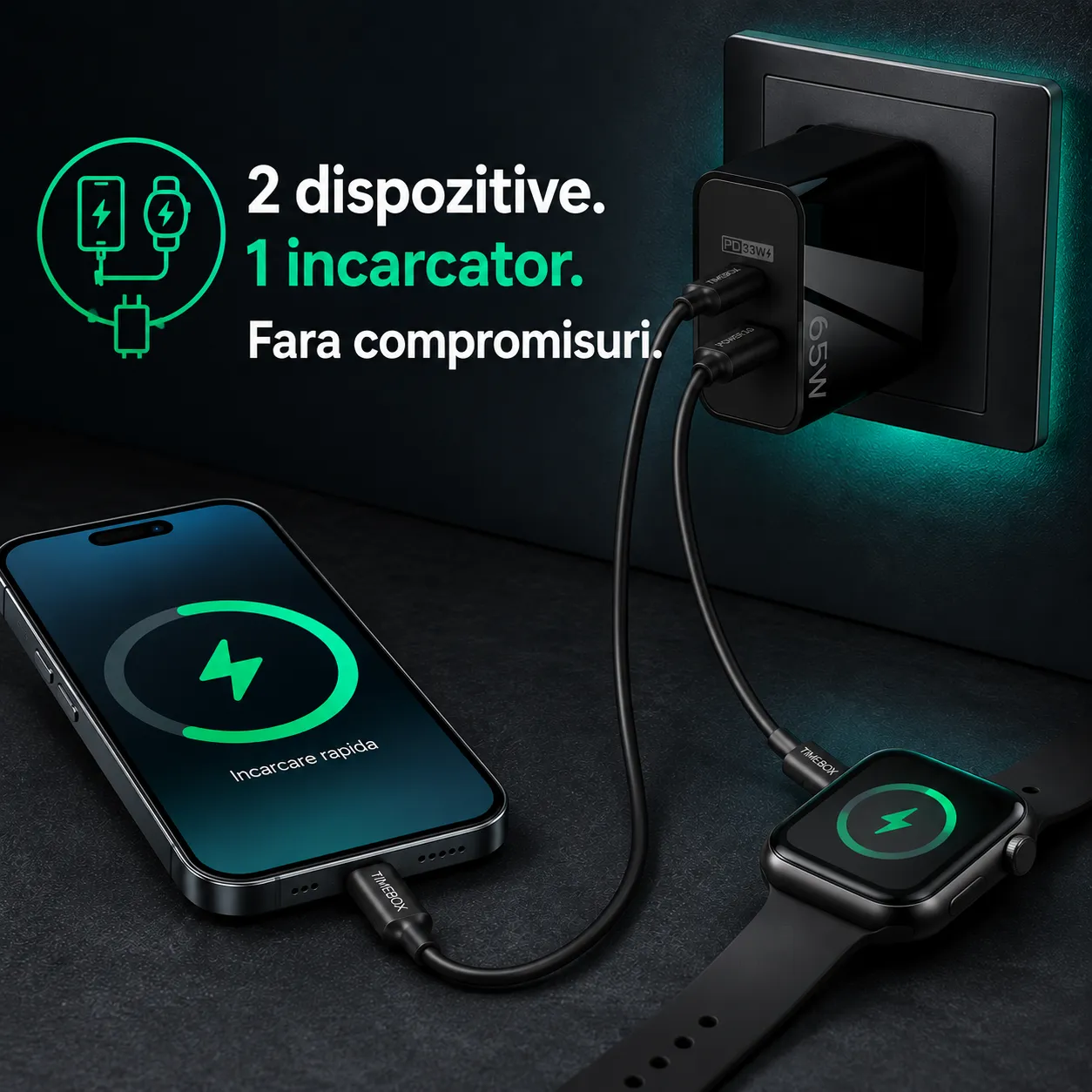 Timebox 65W Incarcator Retea 2 Porturi USB Type-C Negru GaN