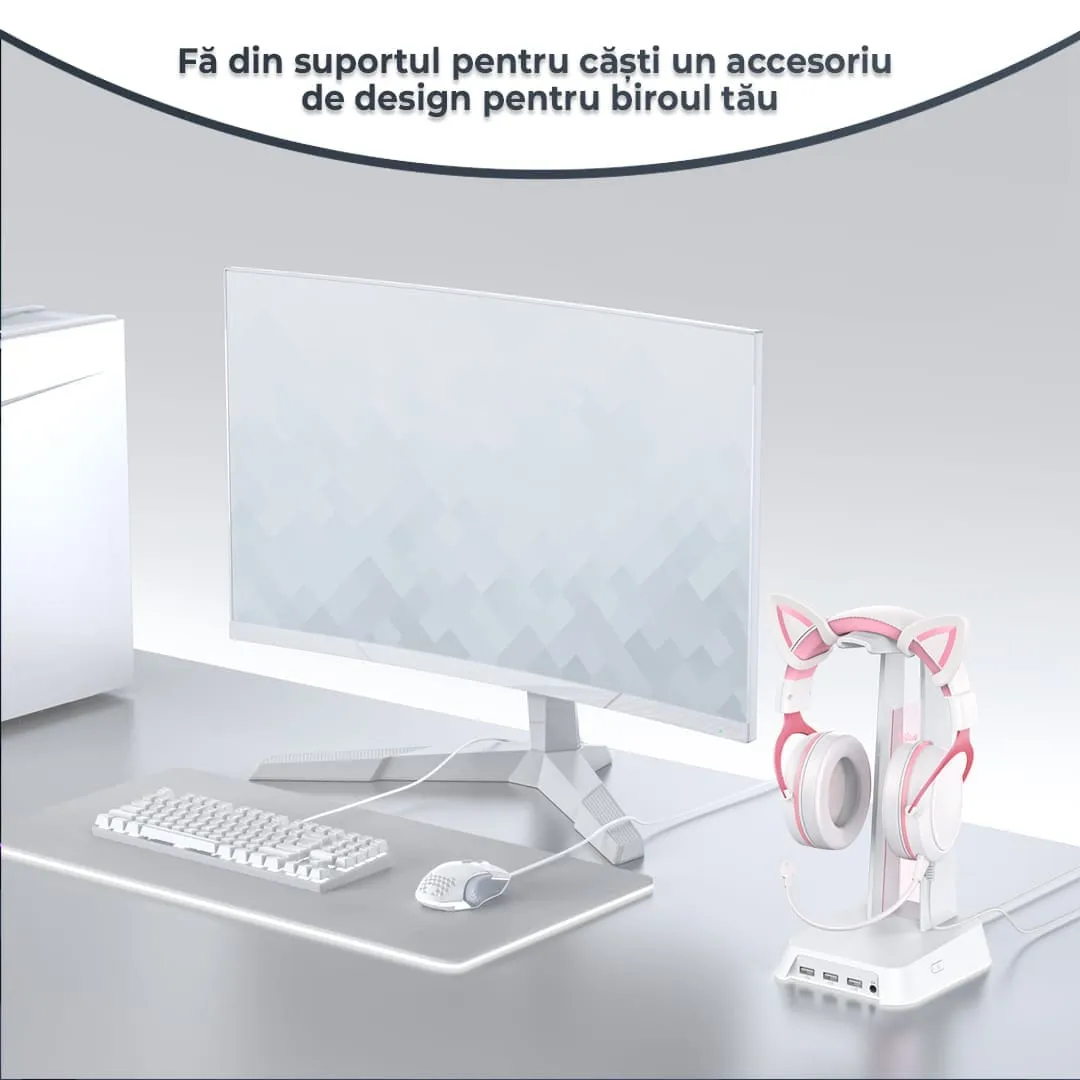 Timebox suport casti gaming RGB alb cu USB anti-slip
