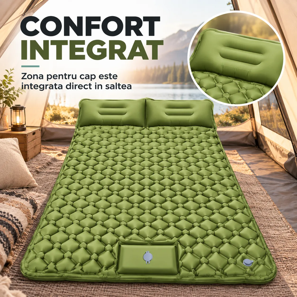 Saltea gonflabilă camping Timebox verde 190x120 cu pompă