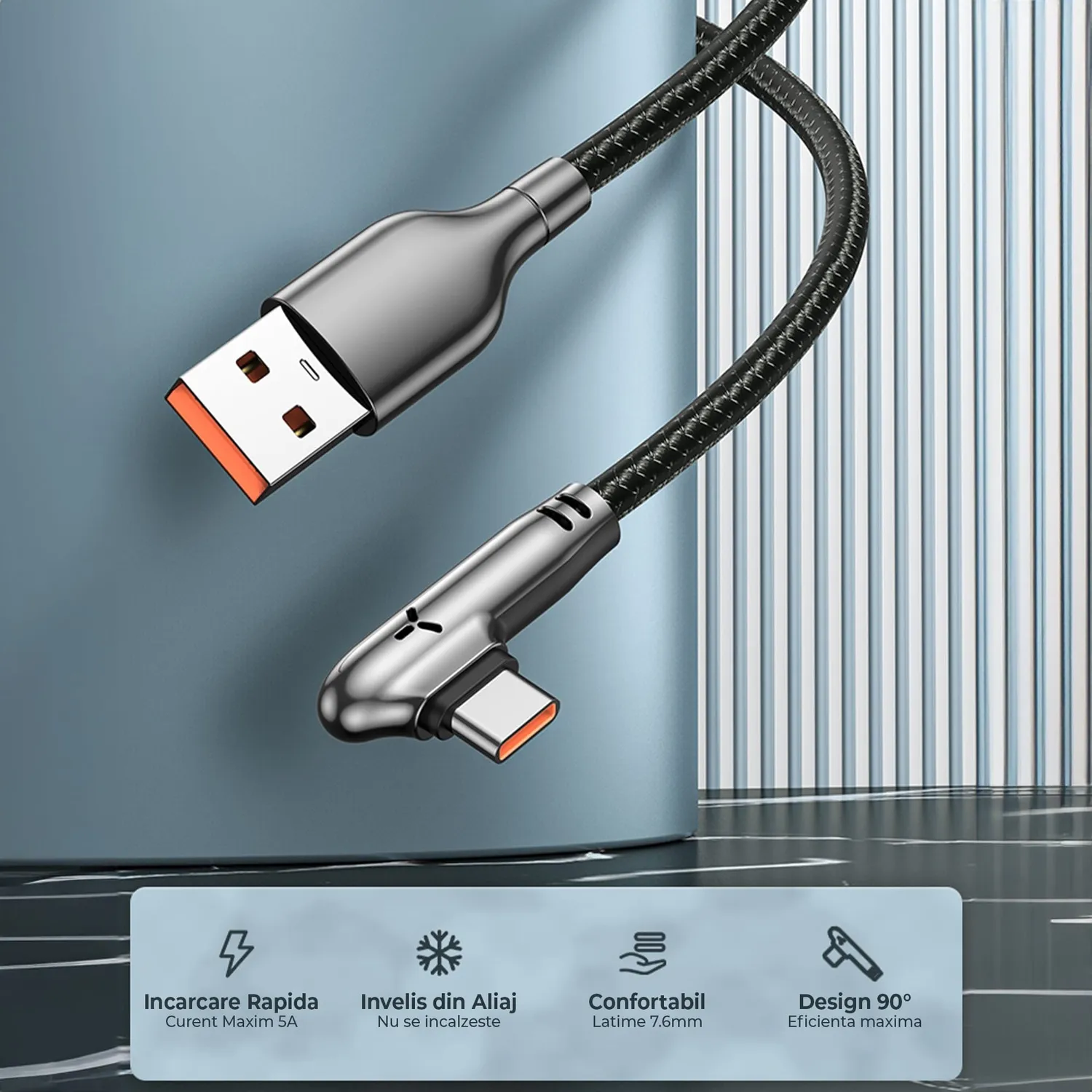 Timebox cablu USB la Type-C 90° negru fast charge