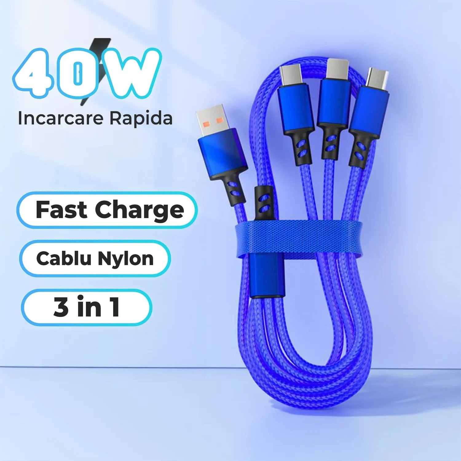 Timebox 3 in 1 cablu incarcare rapida 40W 1,2m albastru