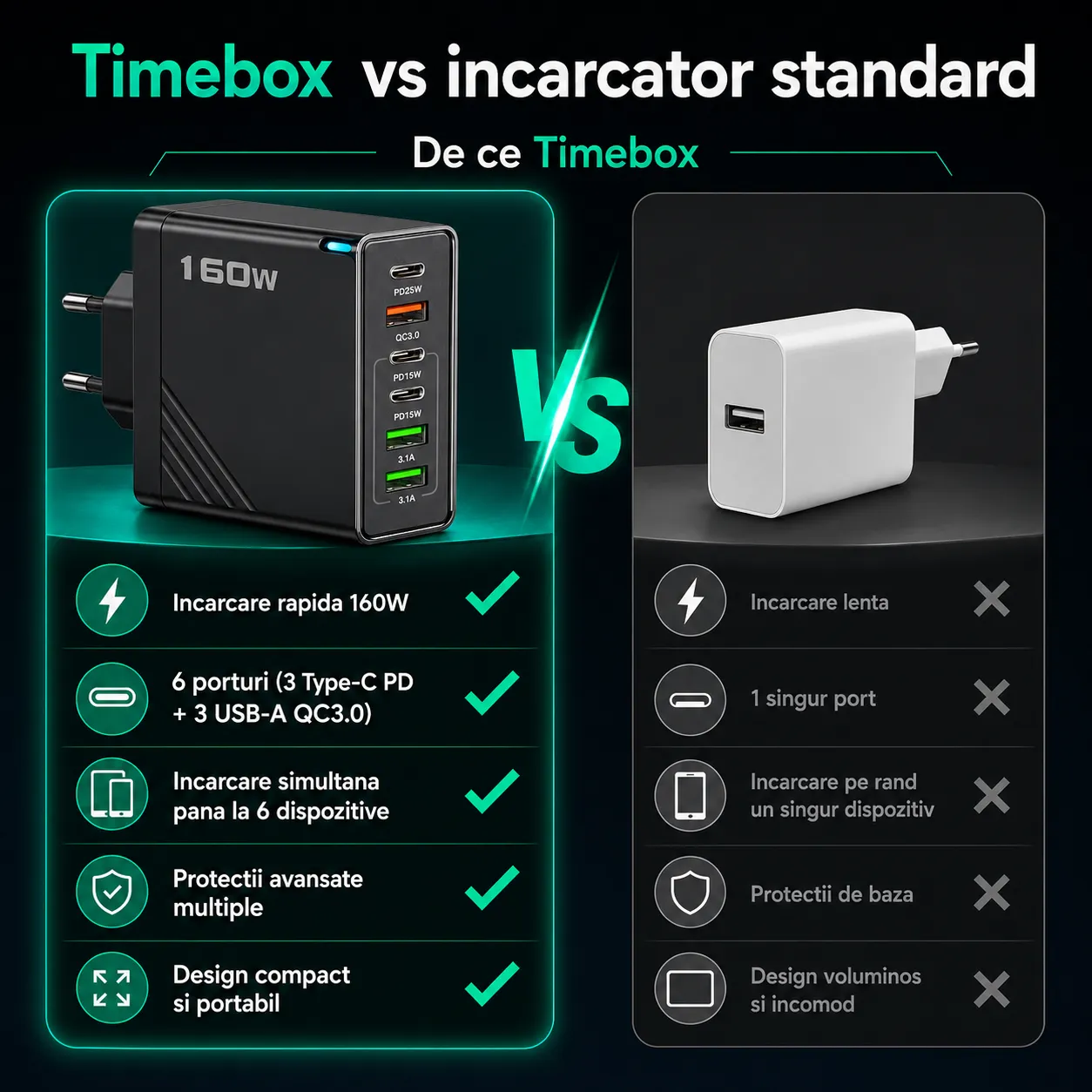 Incarcator retea Timebox 160W cu 6 porturi PD + QC3.0