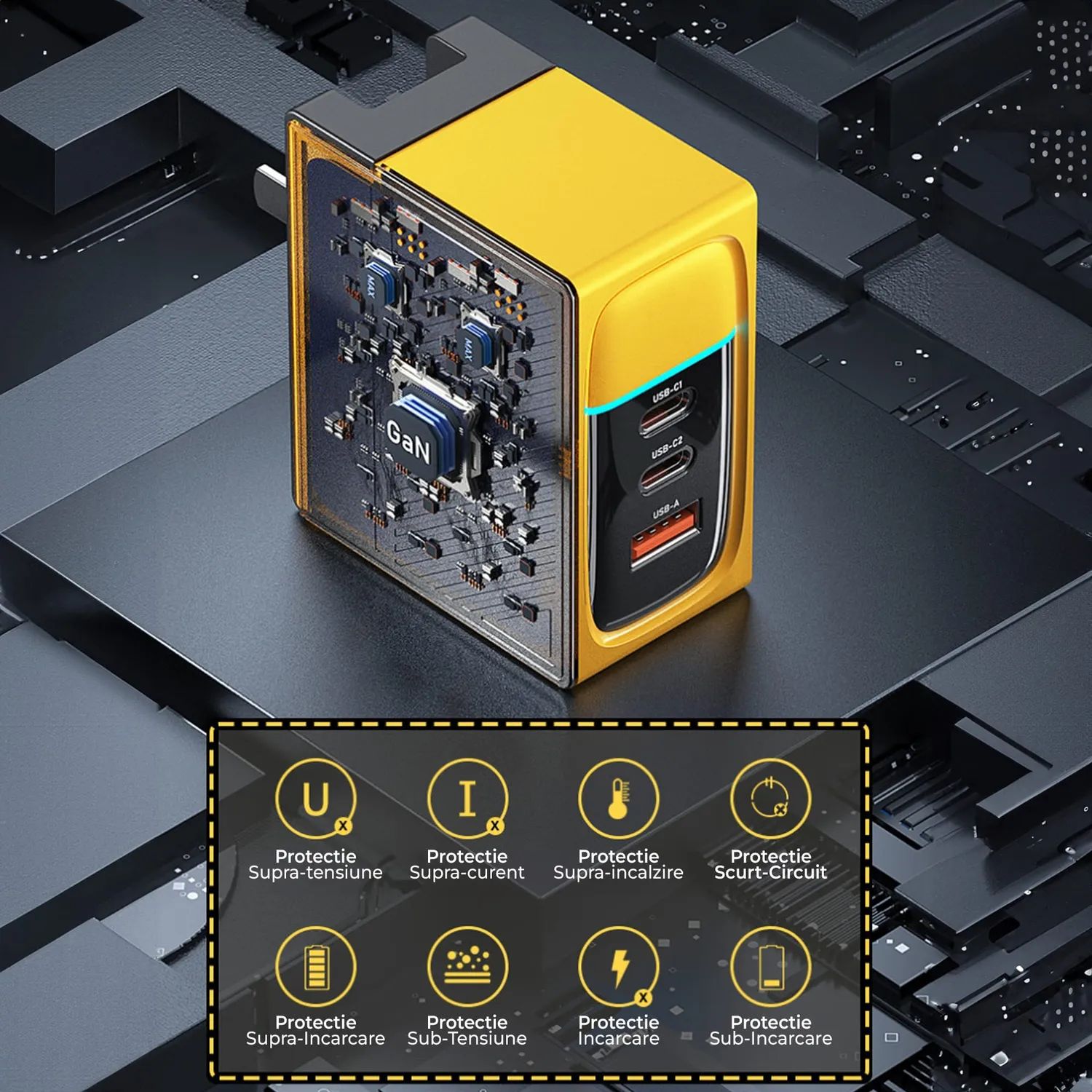 Timebox 100W încărcător rețea Galben 3 porturi LED