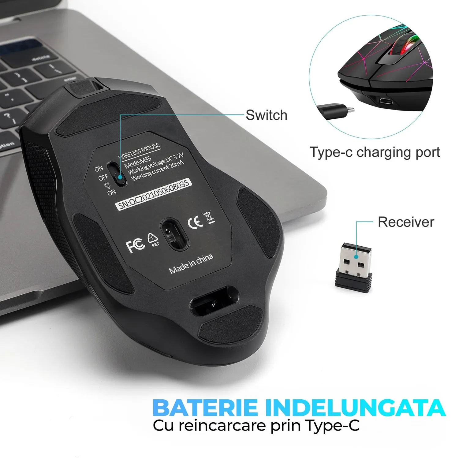 Timebox Jiggler mouse gaming wireless 1600DPI negru RGB